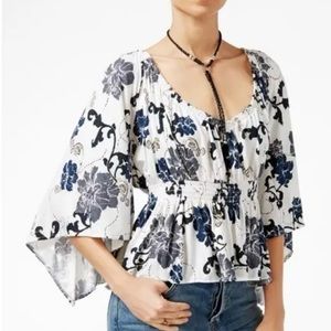 Free People Blue Off White Floral Bohemian Boho Wide bell sleeves Blouse Tops M